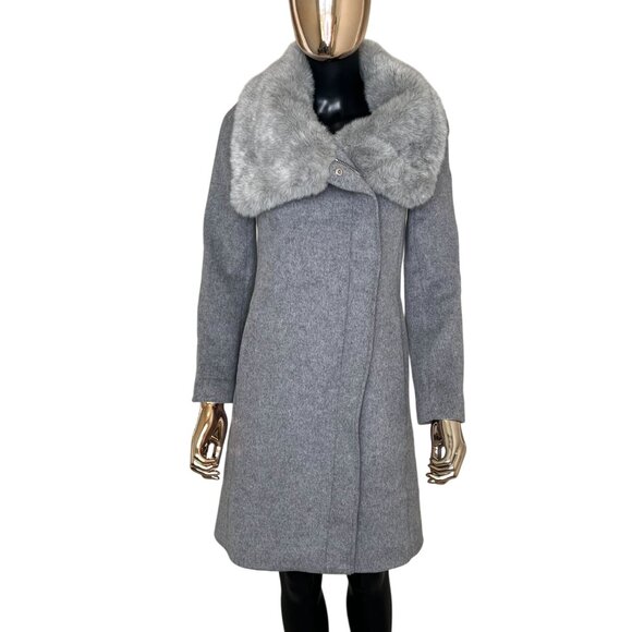 Club Monaco Evangah Wool Coat In Light Charcoal Gray Size XS/TP Faux Fur Collar - Picture 3 of 14